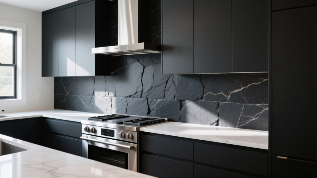 Dark slate stone veneer panels installed as a kitchen backsplash behind a stainless steel range and white quartz countertops