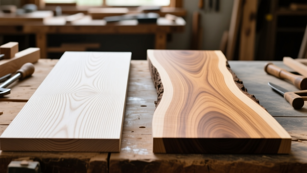 Close-up of a planed white oak board revealing tight straight quarter-sawn grain patterns next to a wide cathedral flat-sawn board on a workbench