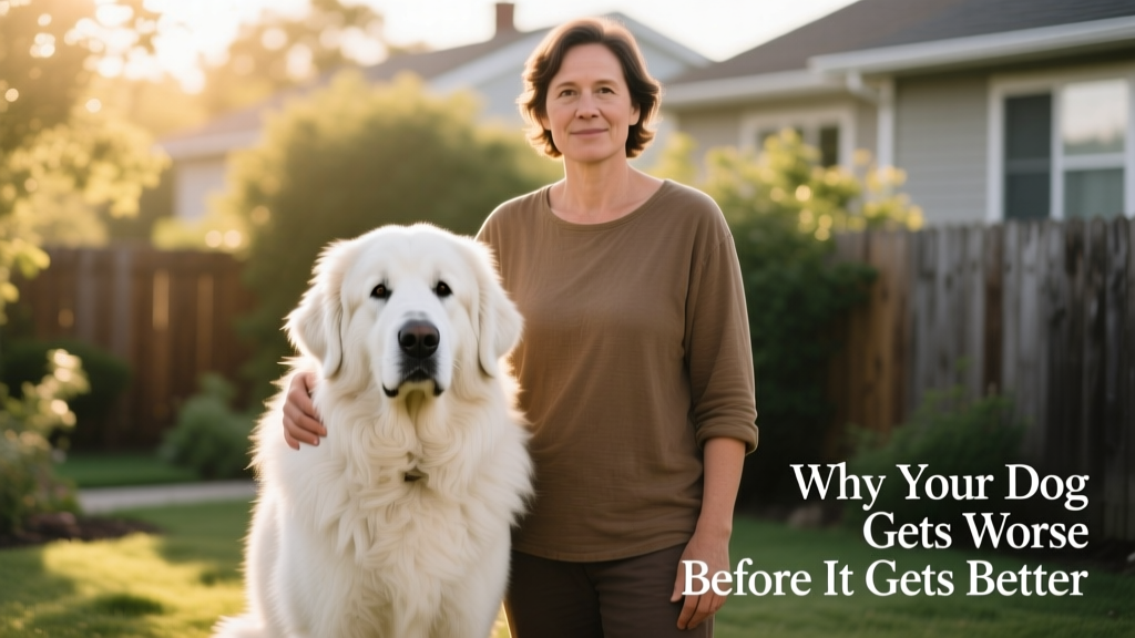 A large white Great Pyrenees standing calmly beside its owner, both facing forward with relaxed posture