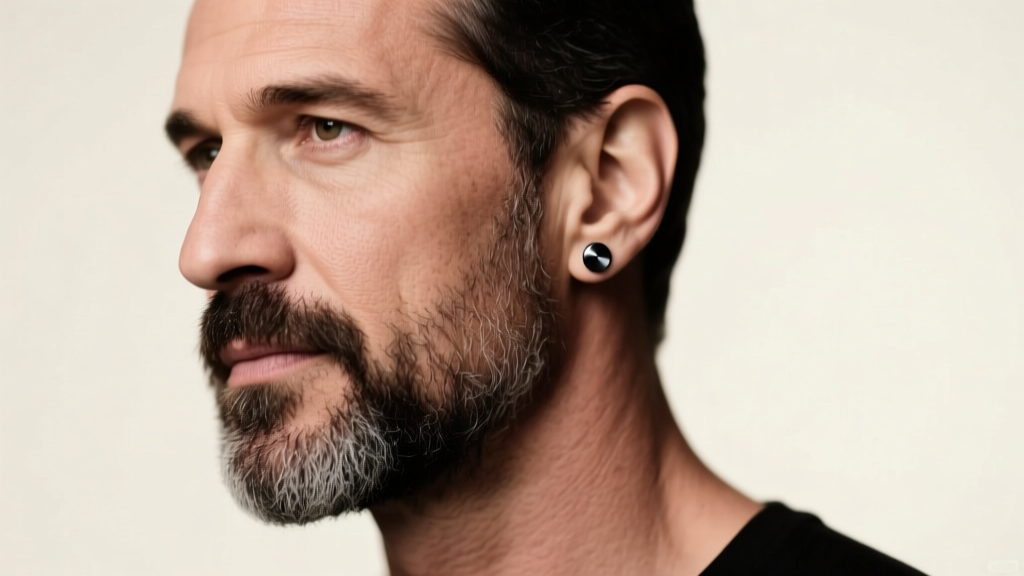 Portrait of a bearded man wearing a minimalist 3mm matte black titanium stud in his lower ear lobe under soft studio lighting