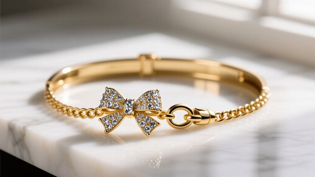 Gold-plated box chain on a rhinestone bow pendant with a lobster clasp, resting on white marble in soft natural window light.