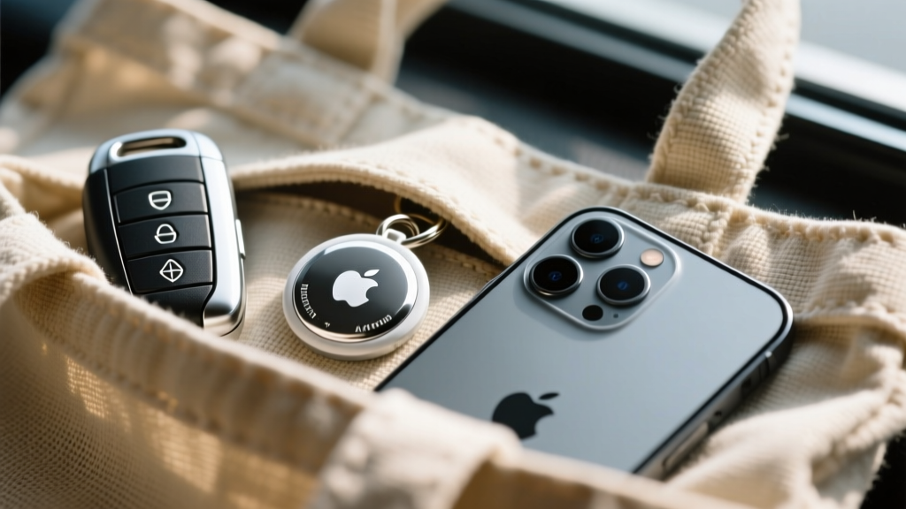 Close-up macro shot of an Apple AirTag hidden inside the lining of a canvas tote bag next to a set of car keys and a smartphone
