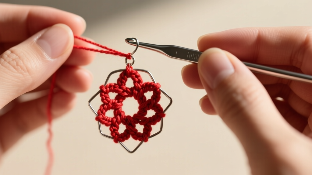 Hands using a 1.5mm steel hook to tightly stitch bright red S-twist cotton thread into a small geometric crochet hoop earring.