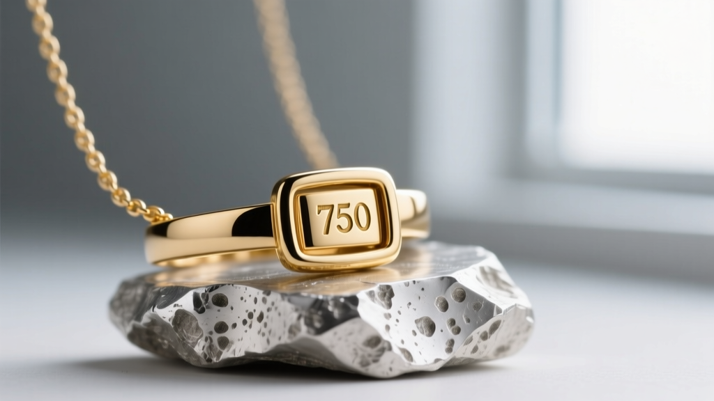 Macro photography of a gold necklace clasp showing the 750 hallmark stamp, resting on a piece of raw unpolished sterling silver