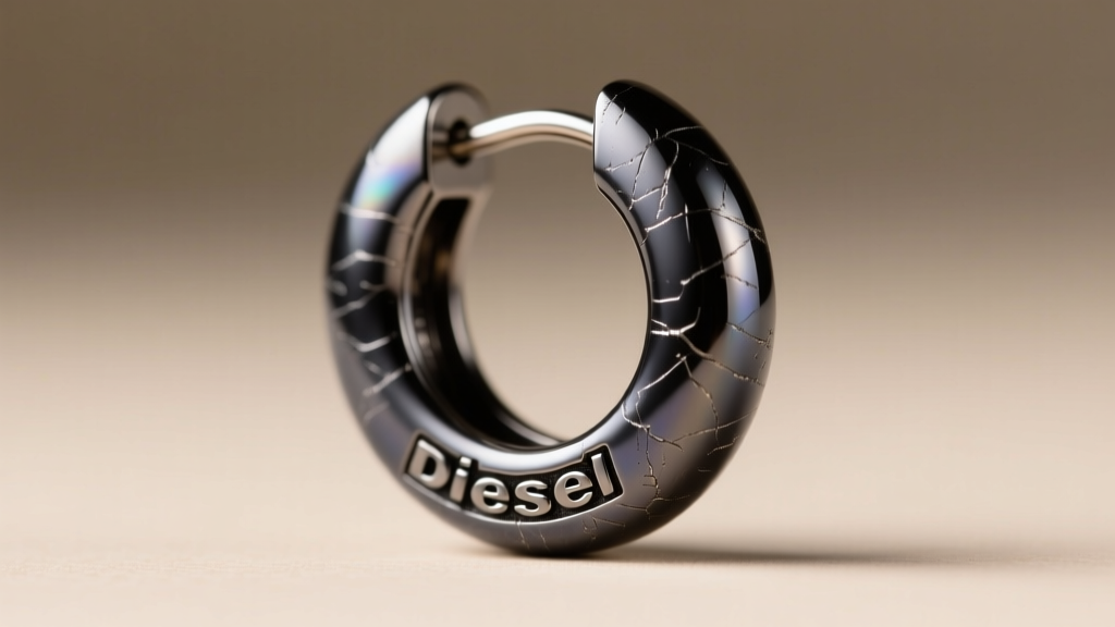 Macro shot of dark ruthenium-plated Diesel huggie earrings, showing the PVD coating texture and an 18-gauge stainless steel post.