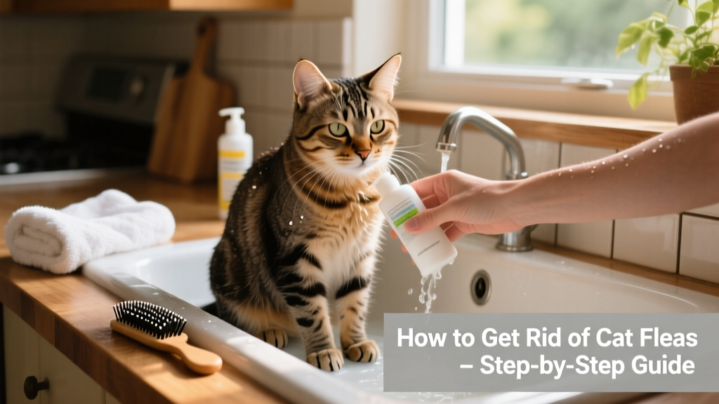 Cat being gently bathed with flea shampoo in a sink, with a towel and comb nearby