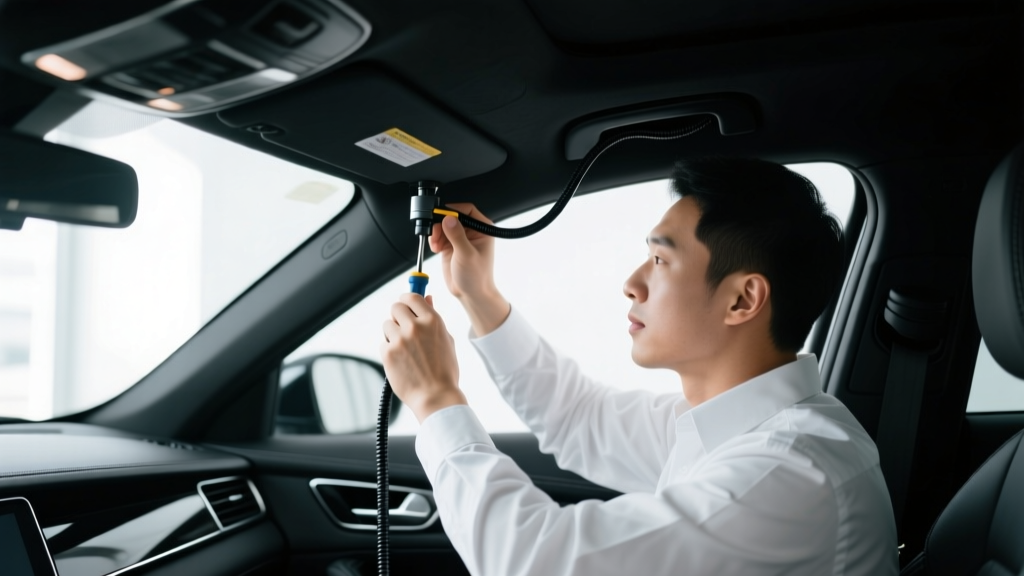 Man using a nylon trim tool to route a dash cam power cable behind the headliner of a black sedan interior during installation