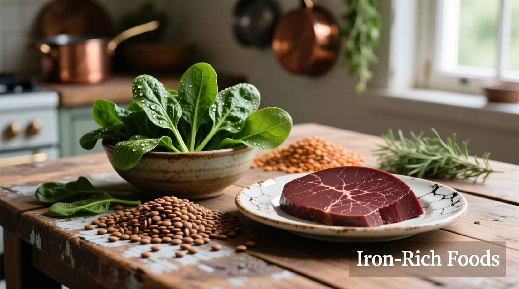 Iron-rich foods including spinach, lentils, and beef liver on wooden table