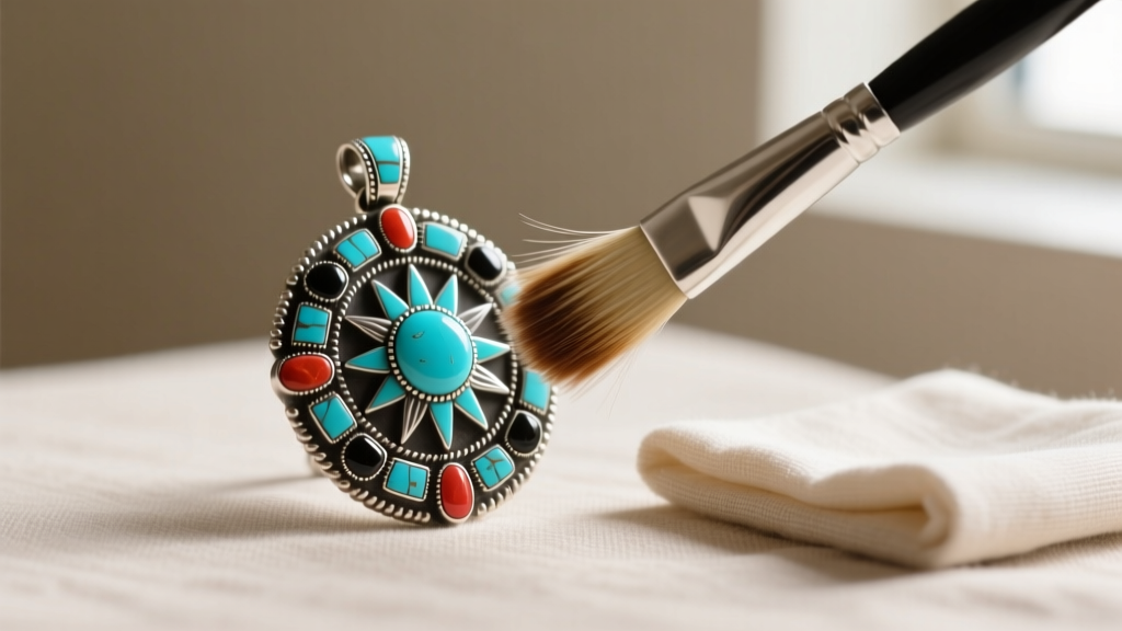 A soft horsehair jewelry brush gently sweeping dust from the intricate stone inlay of a Zuni sunface pendant, microfiber nearby.