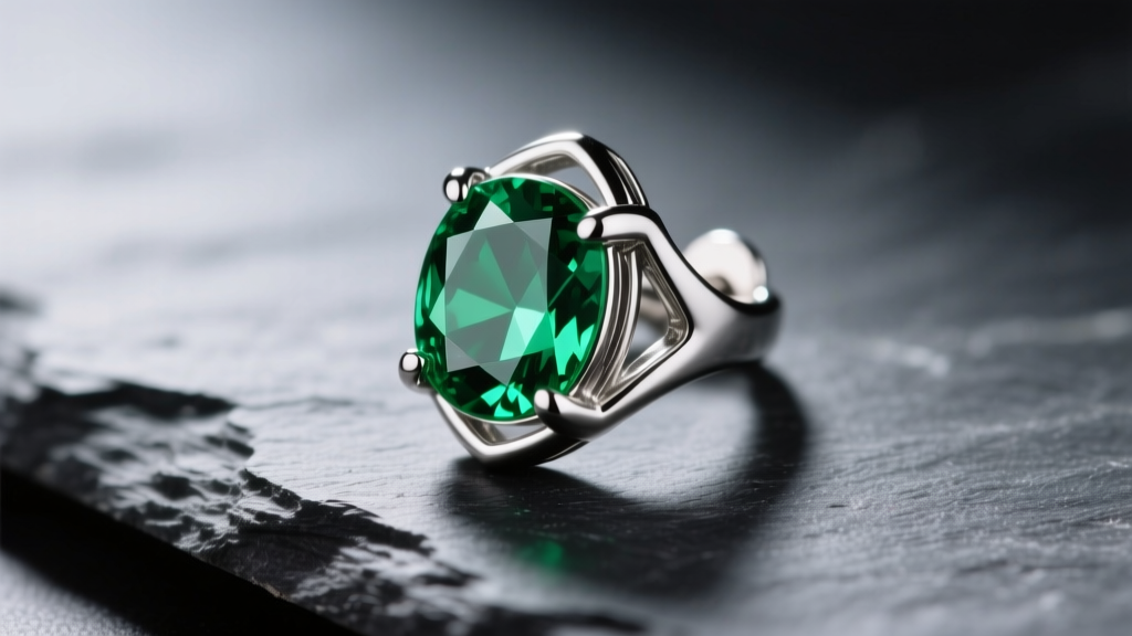 Macro shot of a polished 316L stainless steel Potara earring replica with a green gemstone resting on dark slate