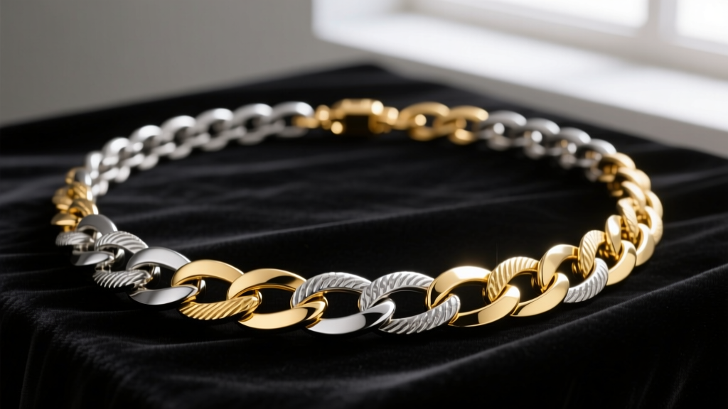 Macro photography of a mixed-metal 18-inch necklace featuring brushed titanium and polished 18k gold vermeil links on dark velvet