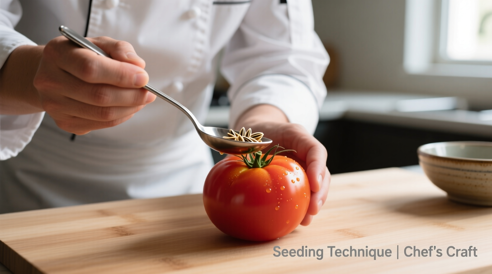 Chef seeding Roma tomatoes with spoon