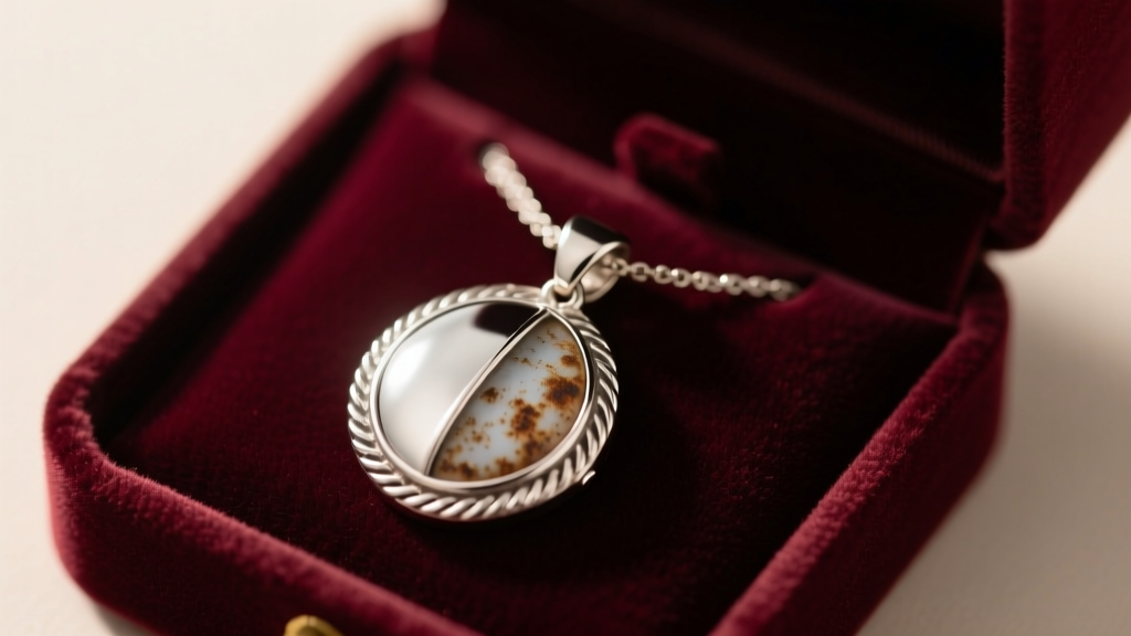 Macro shot of a sterling silver pendant necklace in a velvet box, half tarnished and half polished, under soft warm studio lighting