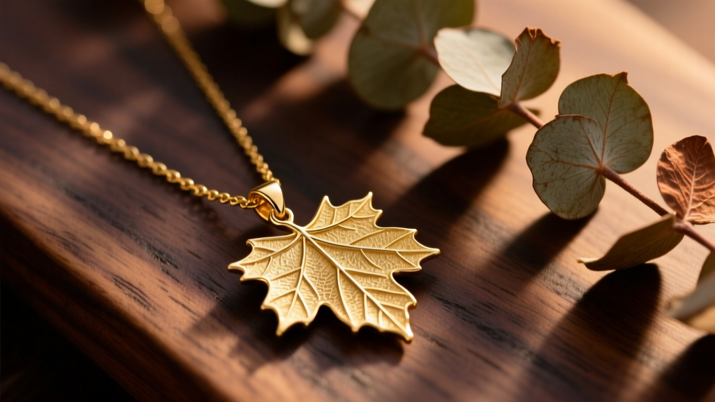 Close-up of a 14k gold vermeil autumn leaf pendant necklace on dark walnut wood beside dried eucalyptus, warm lighting.