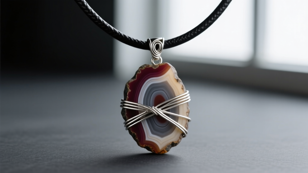 Close-up of a replica Alice Cullen necklace with a raw banded agate pendant wrapped in silver wire on a dark leather cord.