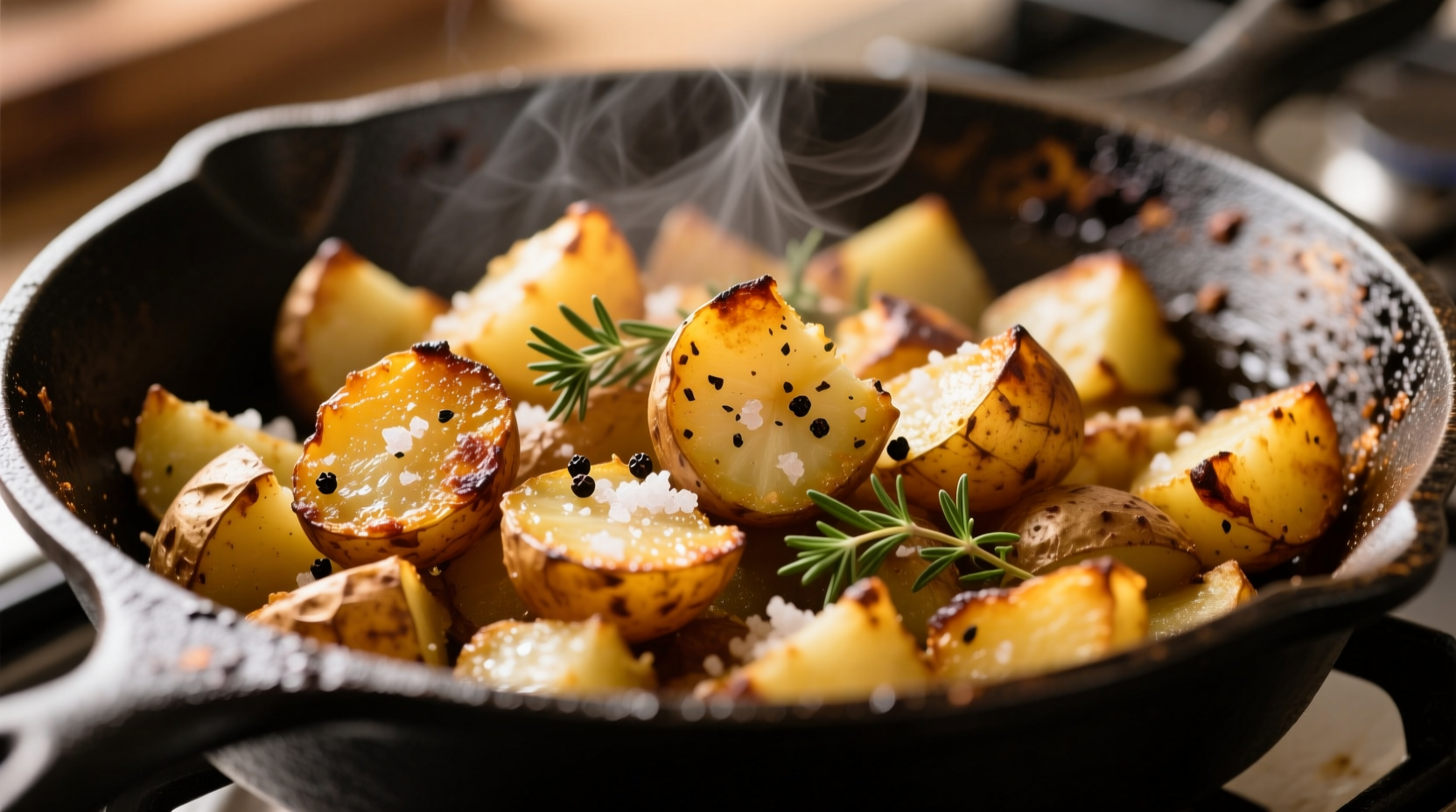 Golden brown potato hash with crispy edges in cast iron skillet