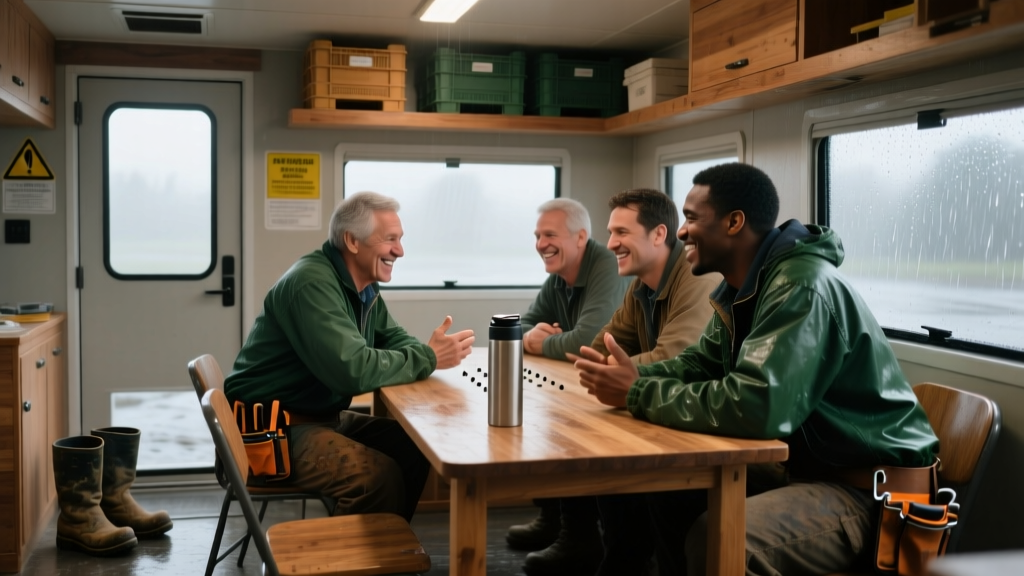 Construction crew in a site trailer engaging in a no-materials communication game around a table during a rainy day weather delay.