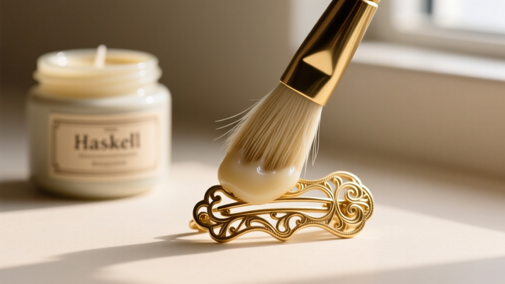 Soft horsehair brush applying conservation wax to a brass filigree Haskell ear clip, with a small wax jar in blurred background