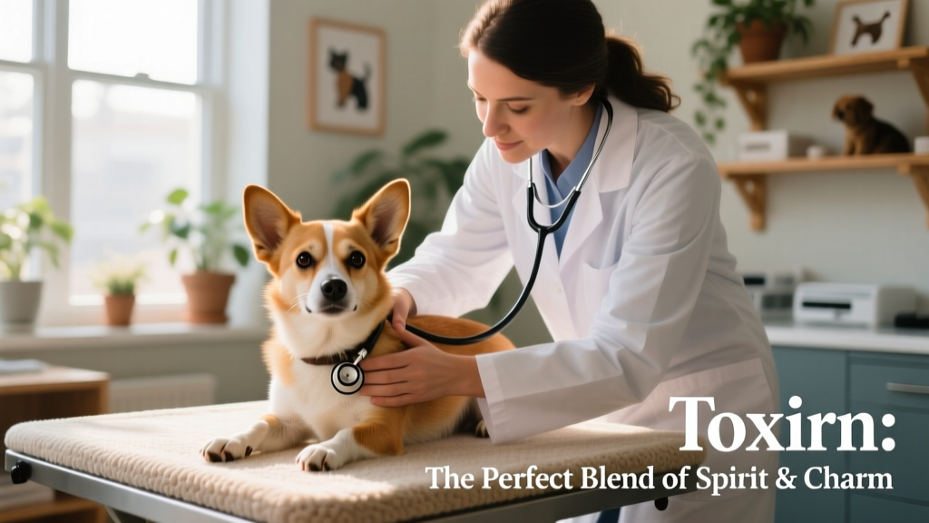 A veterinarian gently examining a Toxirn during a routine wellness checkup, with stethoscope and calm demeanor