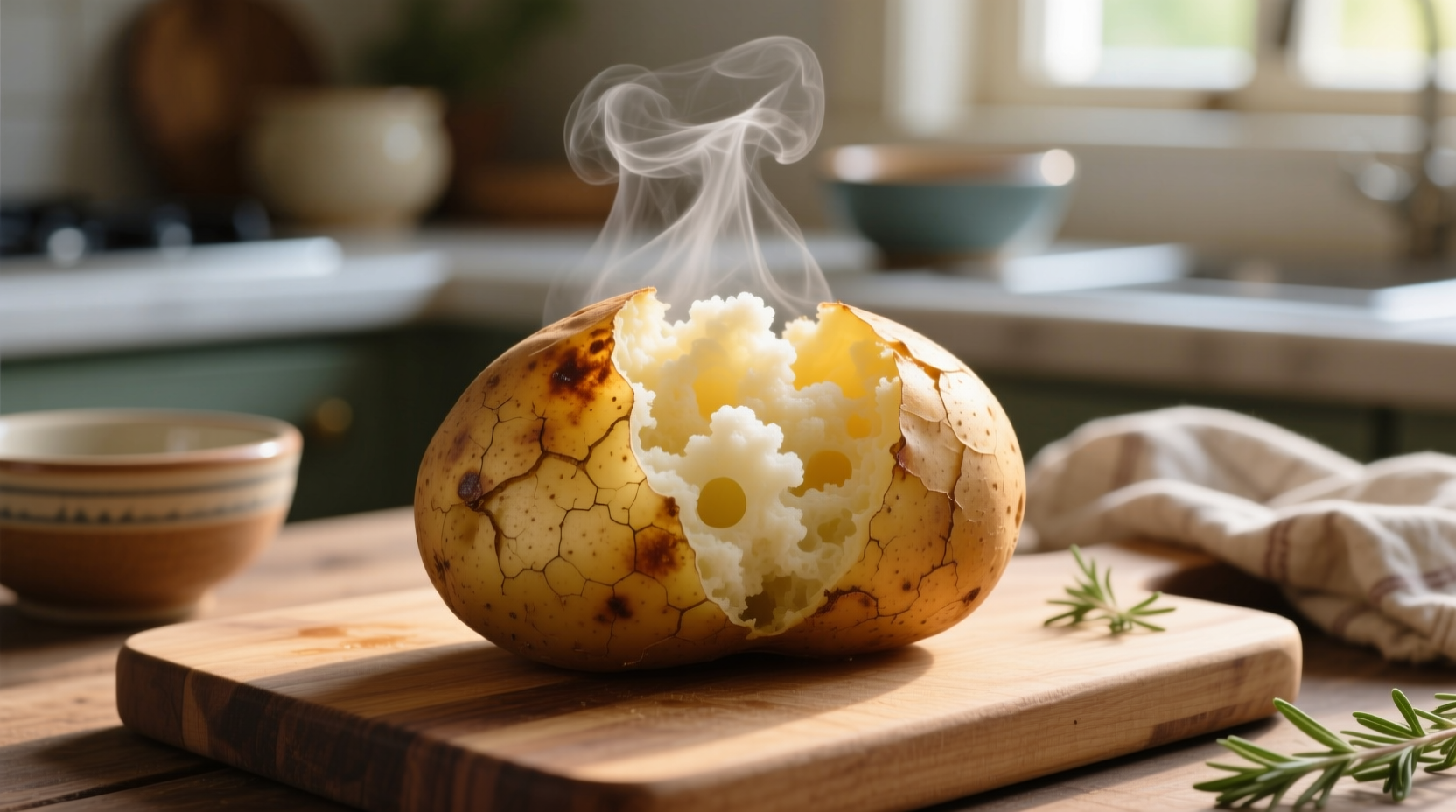 Perfectly cooked fluffy baked potato with steam rising
