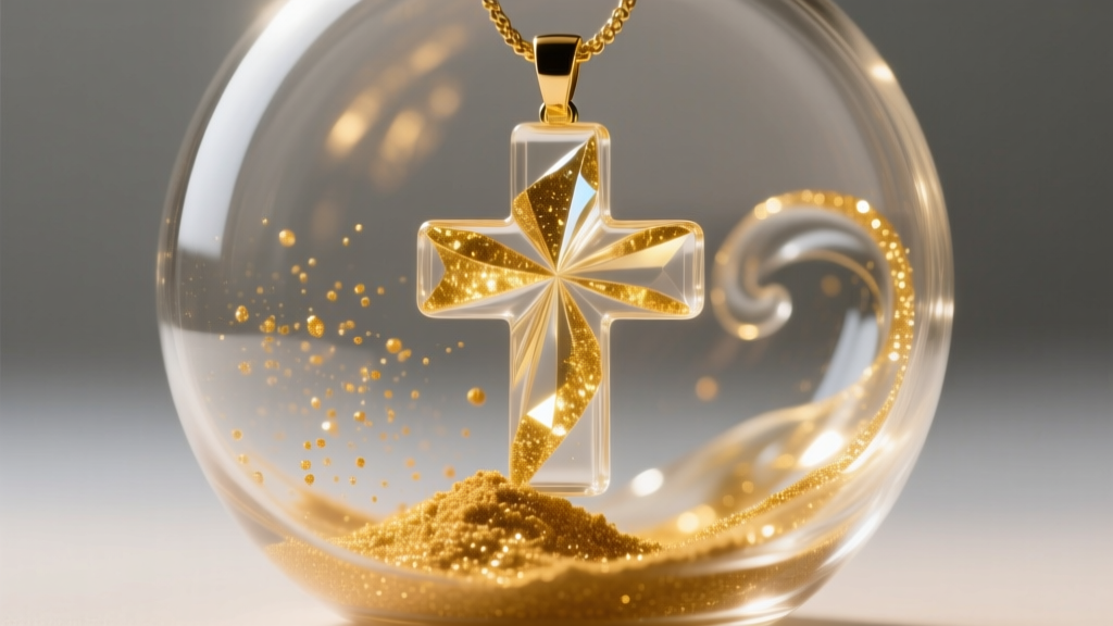 Macro photography of synthetic gold mica powder being folded into clear epoxy resin for a terrarium cross pendant, studio lighting.