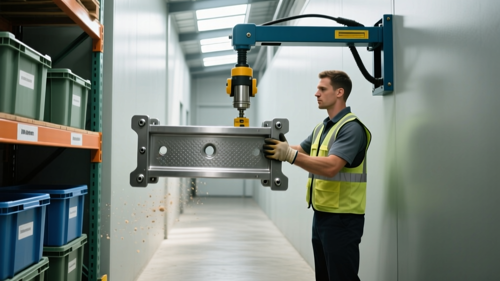 Warehouse worker using a pneumatic balancer lift assist to move heavy MRO parts in a narrow storeroom aisle safely.