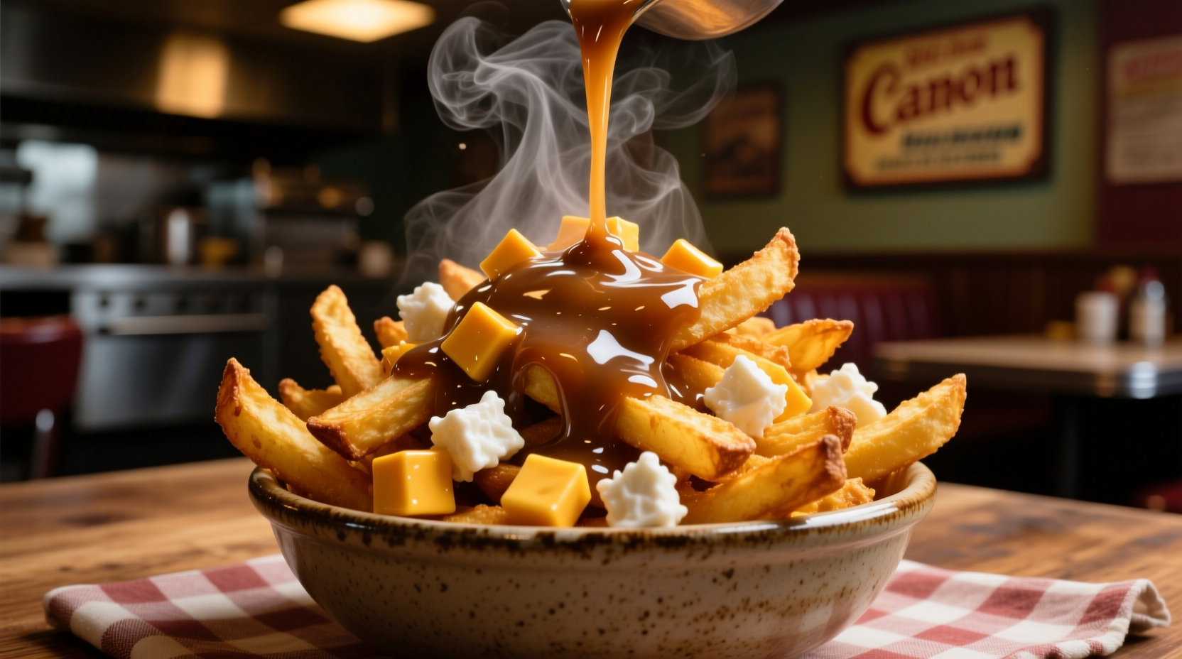 Fresh cheese curds on golden fries with steaming gravy