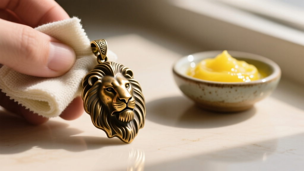 Tarnished brass Lion of Judah pendant being gently polished with a microfiber cloth and a small bowl of lemon juice paste nearby.