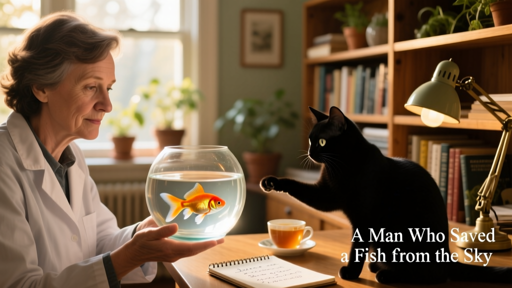 Dr. Beska holding a small glass aquarium with a goldfish swimming inside, while his cat watches intently from just outside the frame