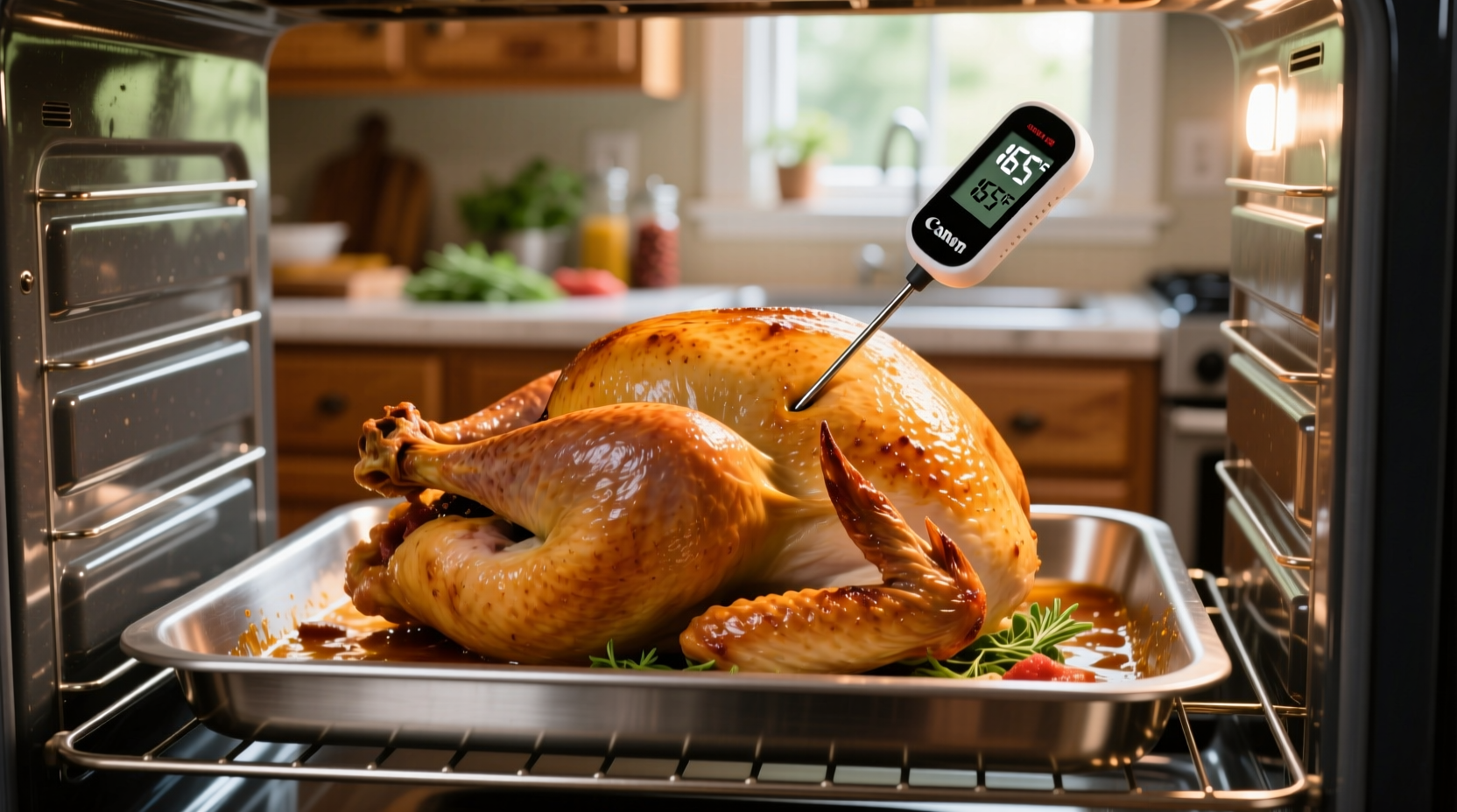 10 pound turkey roasting in oven with thermometer