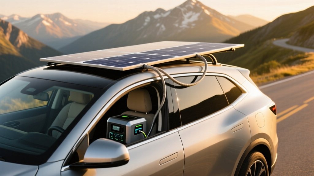 Flexible solar panel mounted on an SUV roof, with cables routed through weatherstripping to a portable power station inside the cabin.