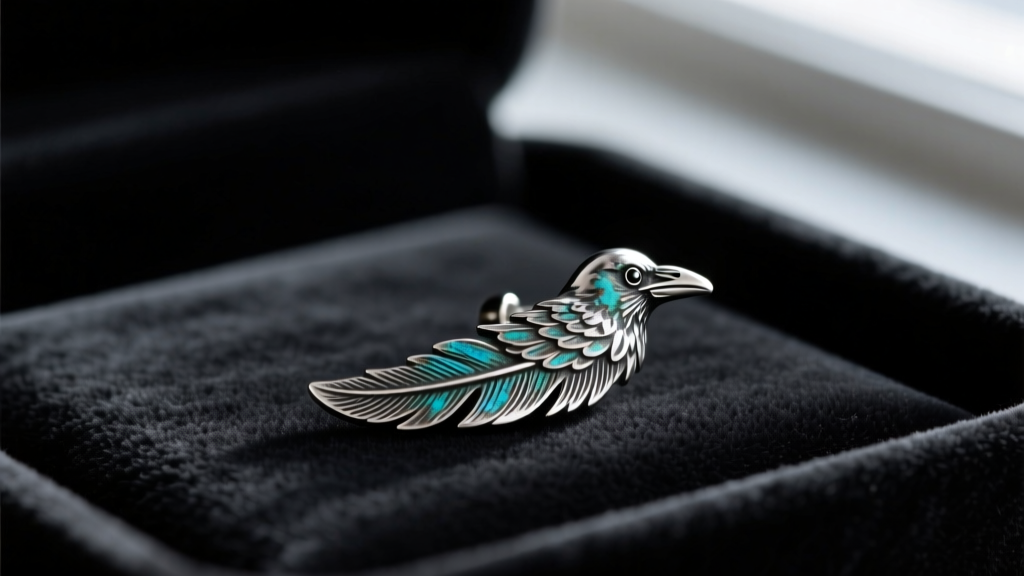Detailed oxidized sterling silver crow stud earring resting on dark charcoal velvet, moody lighting highlighting feather textures.
