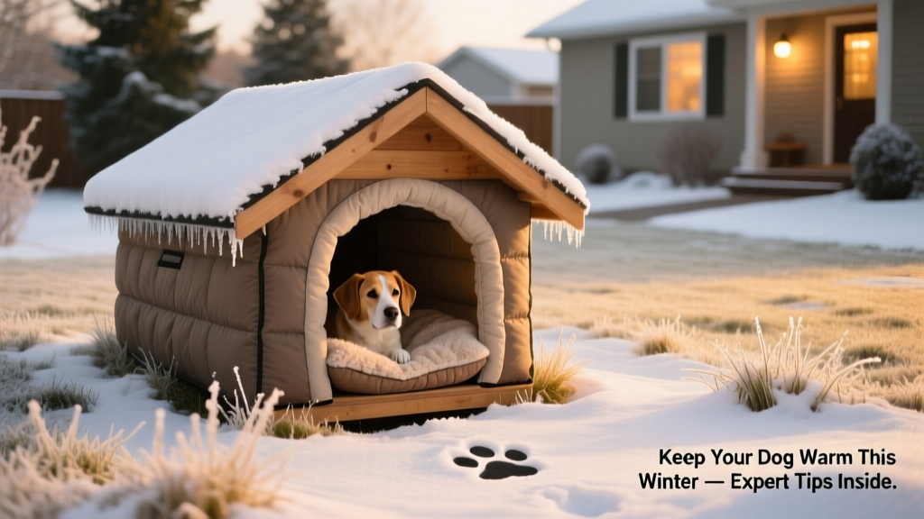 A cozy insulated dog house with dry bedding, positioned on a snowy backyard lawn