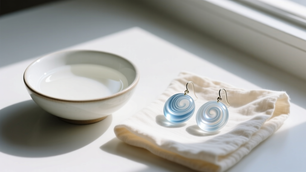 Bowl of white vinegar next to cloudy fused glass earrings and a soft cloth, illustrating the gentle cleaning and polishing process.