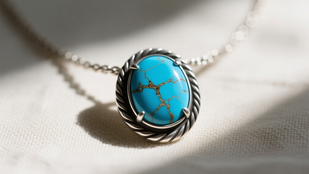 Close-up of polished Kingman turquoise cabochon set in an oxidized sterling silver bezel necklace resting on neutral linen fabric