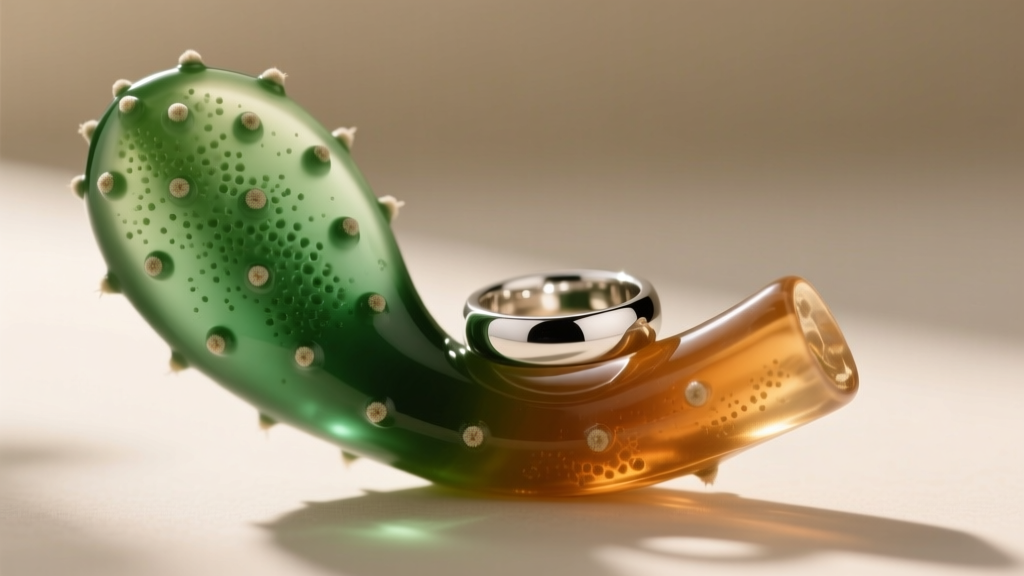 Macro shot of a resin cactus jewelry holder branch showing surface pores and a silver ring resting against the textured matte edge