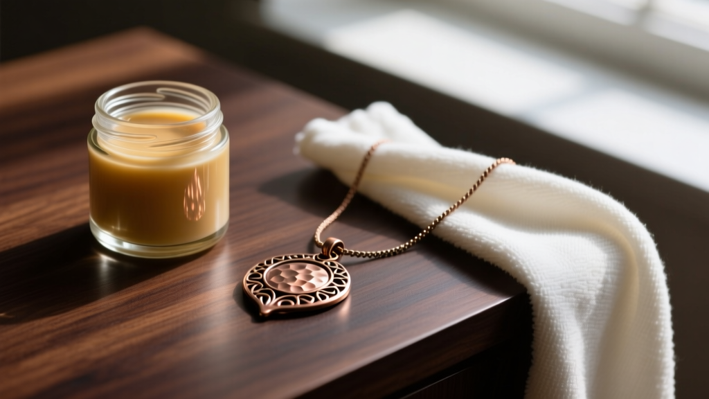 Glass jar of Renaissance Wax polish and microfiber cloth next to an intricately hammered bronze pendant necklace on dark wood.