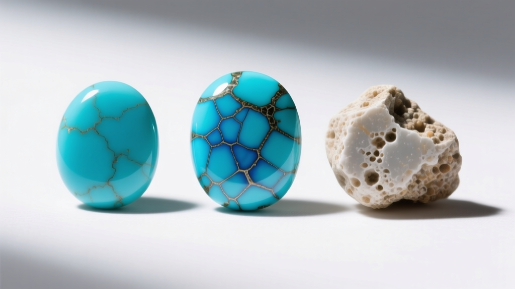 Macro shot comparing three turquoise cabochons: matrix-free Sleeping Beauty, webbed Kingman, and an untreated porous chalk stone.