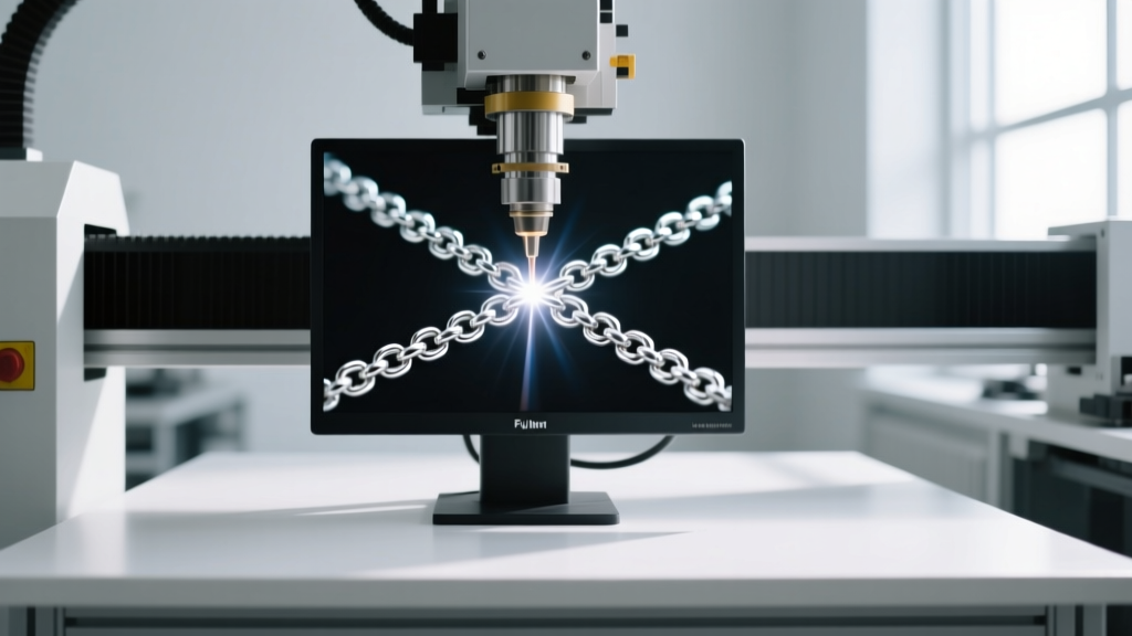 Laser welding workstation screen displaying a precise digital microscope weld point on a delicate sterling silver rolo chain.