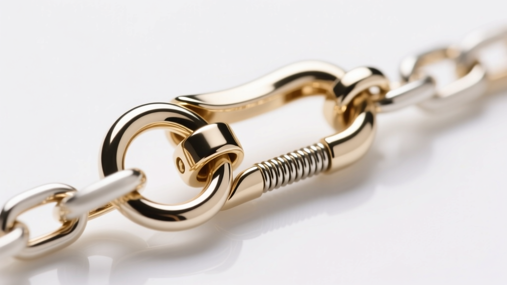 Macro view of a 9mm lobster clasp on a 6mm soldered jump ring on a white gold chain, highlighting the secure locking mechanism