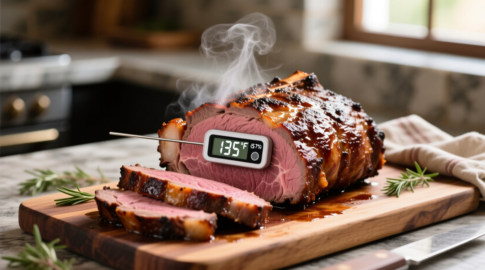 Perfectly cooked prime rib with thermometer showing internal temperature