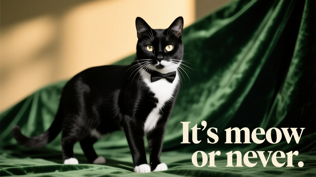 A black and white cat against a green background. Text reads: It's meow or never.