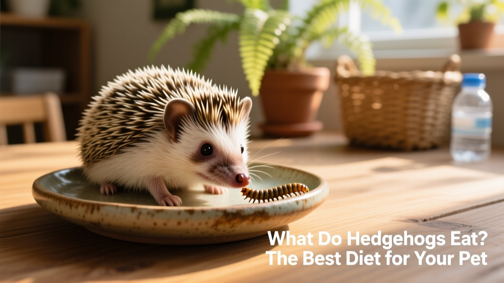 Close-up of a healthy pet hedgehog sniffing a mealworm on a ceramic dish