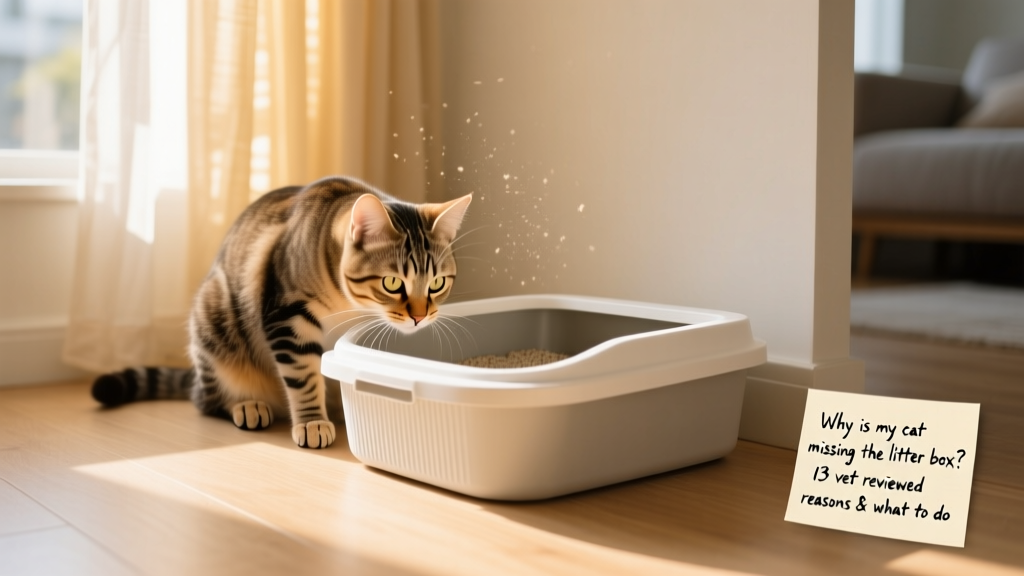 A curious cat sniffing near a clean, open litter box in a quiet corner of a sunlit room