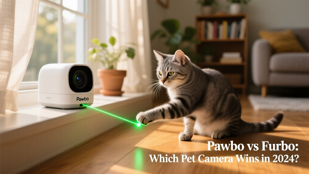 Pawbo camera on a windowsill, projecting a small green laser dot that a cat is gently pawing at