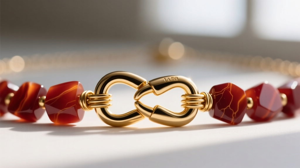 Macro view of a 14k gold-filled lobster clasp on a carnelian chip necklace, showing the crimp bead and wire guard details.