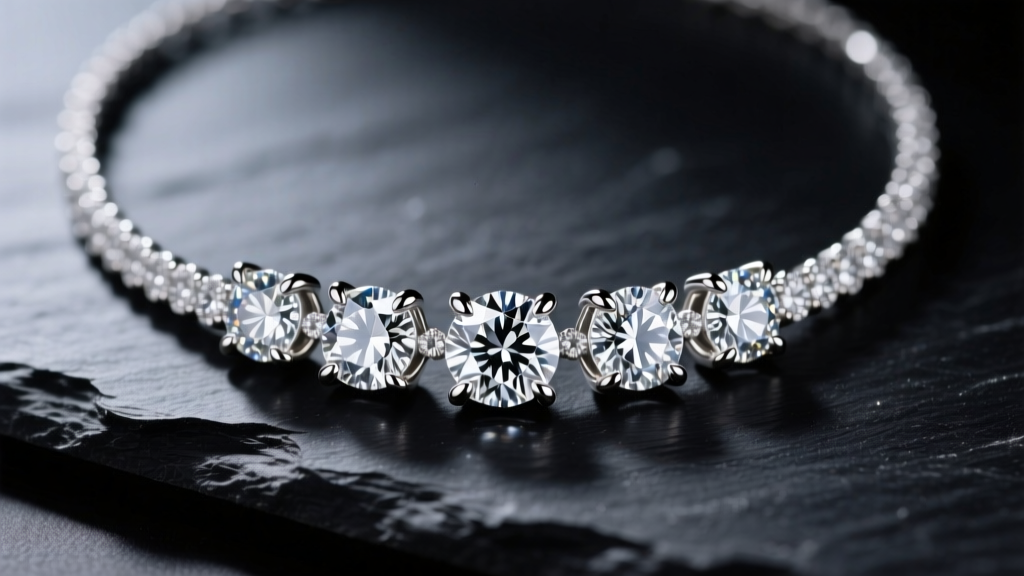 Macro shot of a diamond tennis necklace on dark slate, highlighting four-prong platinum settings under soft studio lighting