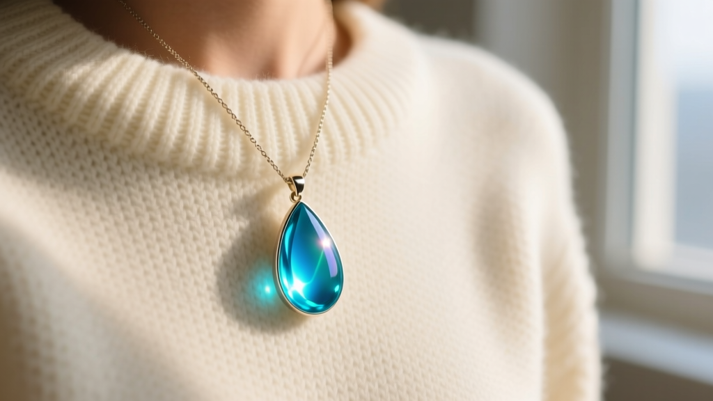 Close-up of a teardrop mood necklace pendant glowing vibrant turquoise blue against cream knit sweater in natural window lighting