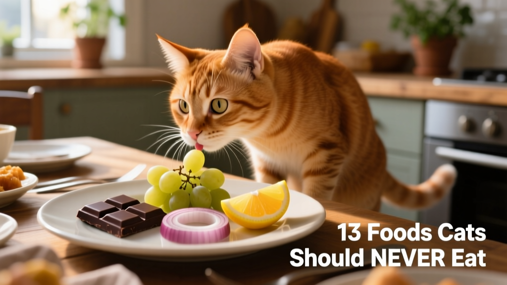 Close-up of a curious cat sniffing but turning away from a plate of human food—chocolate, grapes, onions, and citrus visible on the table