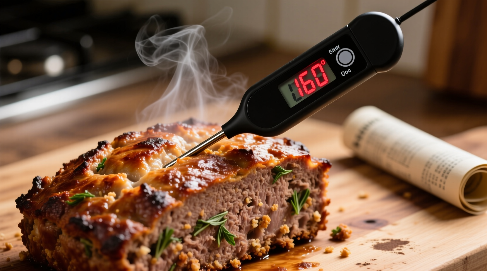 Digital thermometer showing 160 degrees in meatloaf